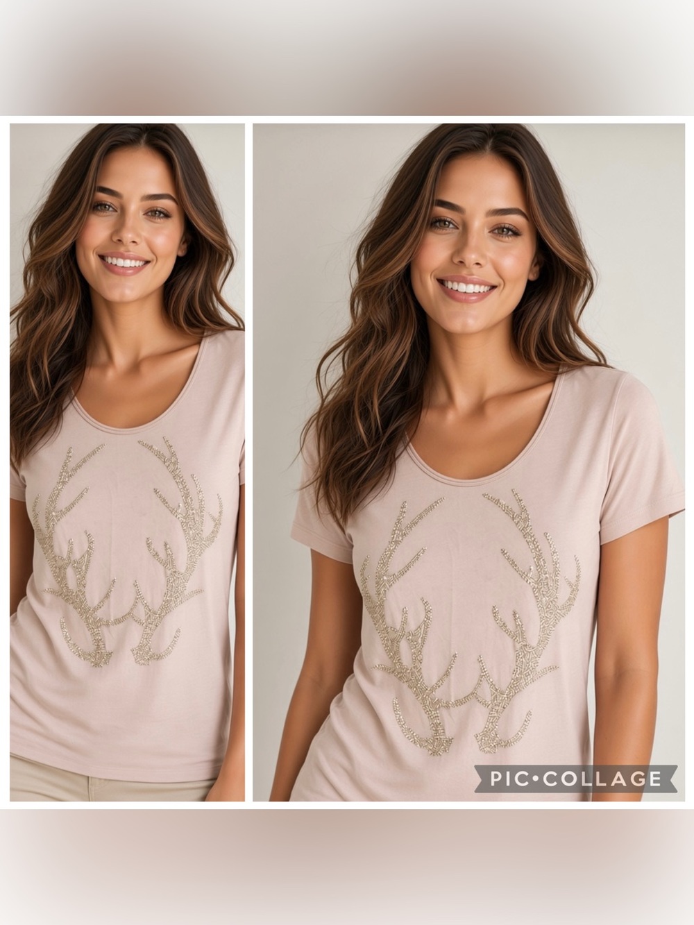 J CREW Women’s Tan Brown BEADED ANTLER Tee Short Sleeve 100% Cotton Size Medium.